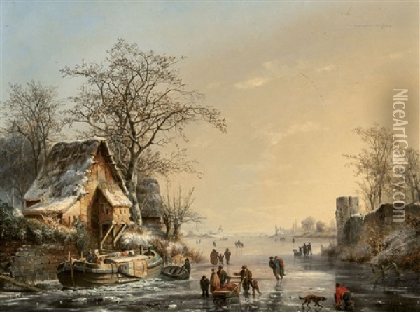Animated River Landscape In Winter Oil Painting - Albert Eduard Moerman