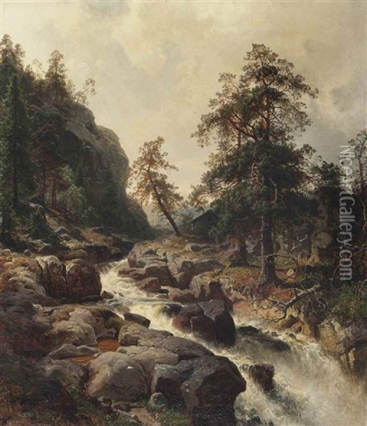 Fishing By The Waterfall Oil Painting - Edward (Johan-Edvard) Bergh