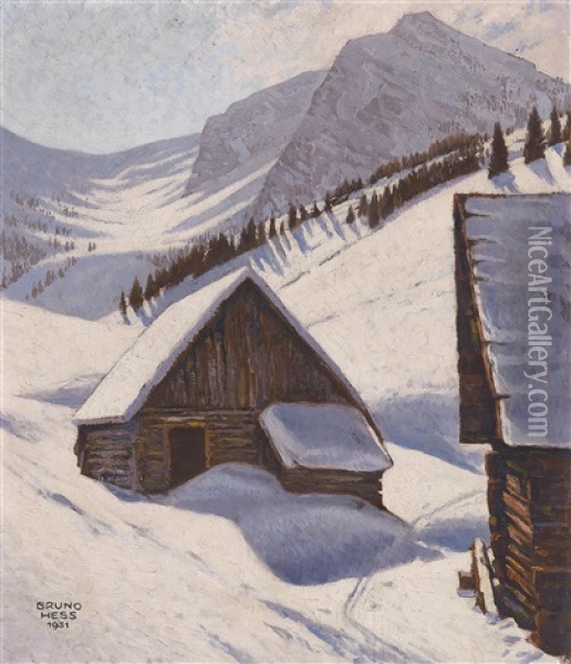 Alm Im Winter Oil Painting - Bruno Hess