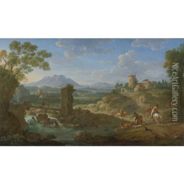 Elegant Hunting Party In An Extensive Landscape With Mountains Beyond Oil Painting - Hendrick Frans van Lint