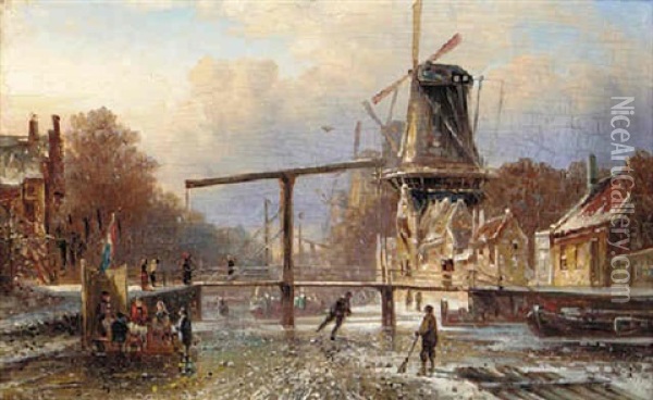 Figures Skating On A Frozen Canal, Windmills Beyond Oil Painting - Elias Pieter van Bommel