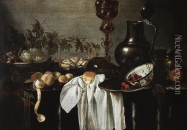 Nature Morte Aux Pieces D'orfevrerie, Paniers De Raisins. . .et Crabe Oil Painting - Cornelis Cruys
