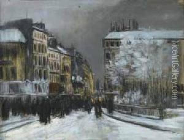 Rue Animee Et Square Sous La Neige Oil Painting - Pierre Jacques Pelletier