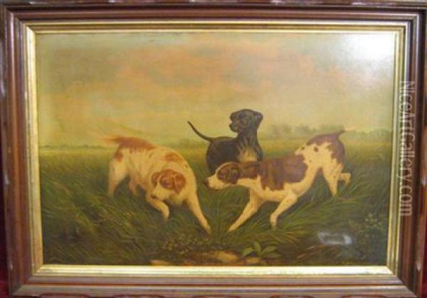 Print Over Painted On Canvas, Hunting Dogs Oil Painting - Henry Collins Bispham