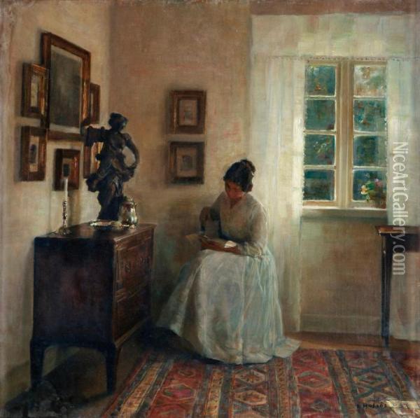 Interior With A Reading Lady Oil Painting - Carl Vilhelm Holsoe