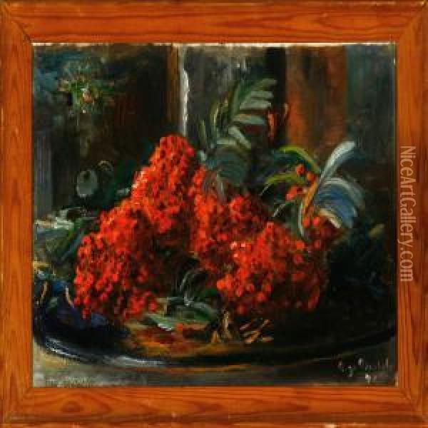 Rowanberries On A Dish Oil Painting - Aage Bertelsen