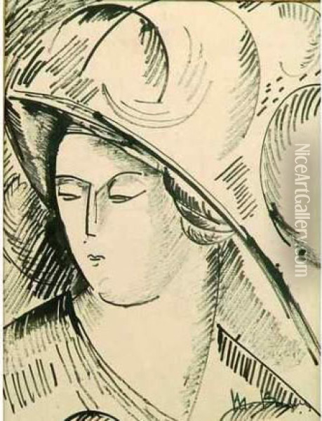 Femme Au Chapeau. Oil Painting - Madeleine Berly De Vlaminck