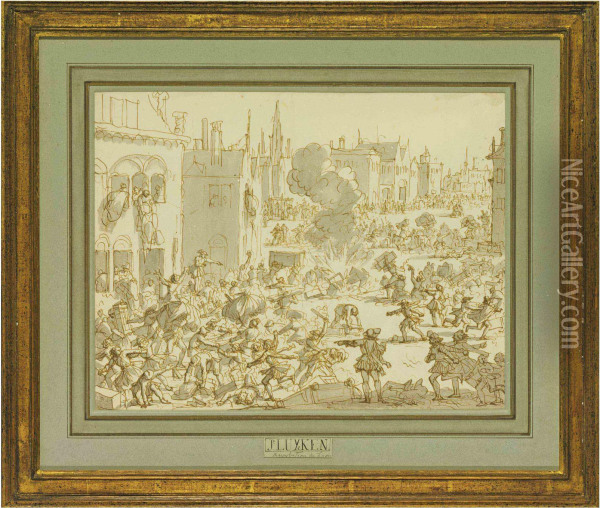 'oproer Tot Lions, In't Jaar 1621': A Huguenot Revolt Oil Painting - Jan Luyken