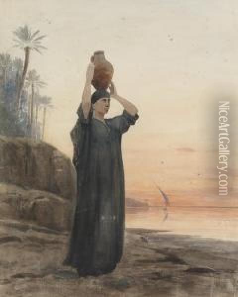 Schwarzgewandete Orientalin An Einem Strand. Oil Painting - Auguste Louis Veillon