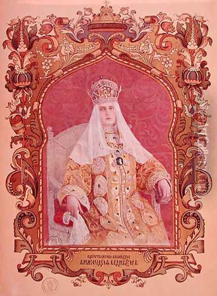 Portrait of Tsarina Alexandra Feodorovna 1872-1918 in traditional coronation dress, c.1894 Oil Painting - Anonymous Artist