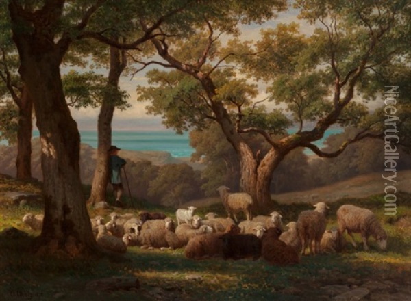 Shepherd And Flock In Landscape Oil Painting - Guillaume (Wilhelm) Wintz