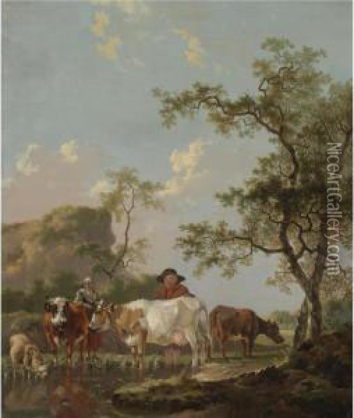 A Landscape With Two Peasants And Their Cattle Beside A Stream Oil Painting - Barent Hendrik Thier