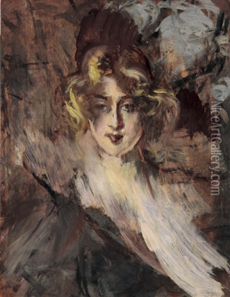 Portrait Einer Frau (l'americana) (+ Studie Zu Einer Nackten, Nur Mit Strumpfen Bekleideten Tanzenden (study), Verso) Oil Painting - Giovanni Boldini