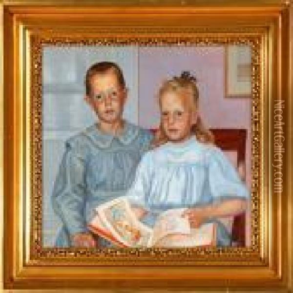 A Double Portrait Of The Siblings Else And Aage Richter Oil Painting - Ludvig Find