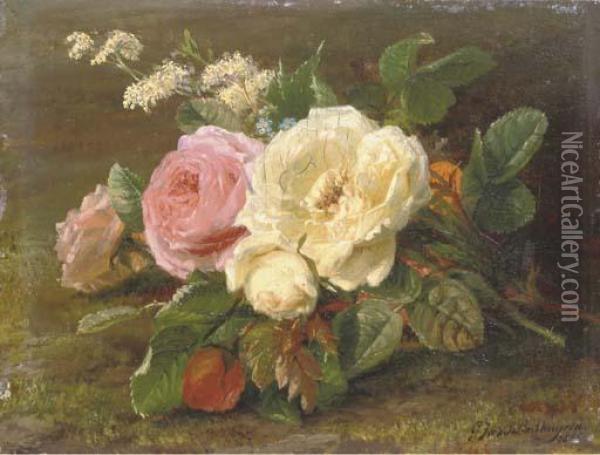 A Bunch Of Pink And White Roses Oil Painting - Geraldine Jacoba Van De Sande Bakhuyzen