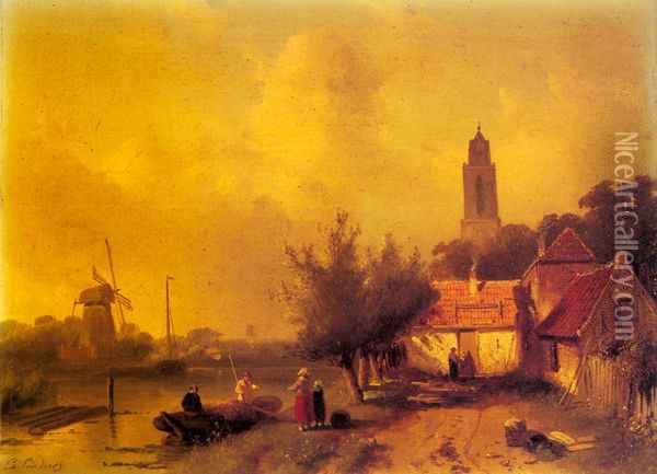 A River Landsacpe with Figures Oil Painting - Charles Henri Joseph Leickert
