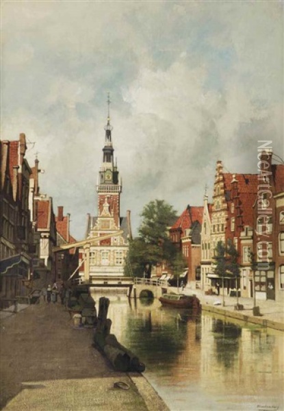 A View Of The Luttik Oudorp With The Waagtoren, Alkmaar Oil Painting - Johannes Christiaan Karel Klinkenberg