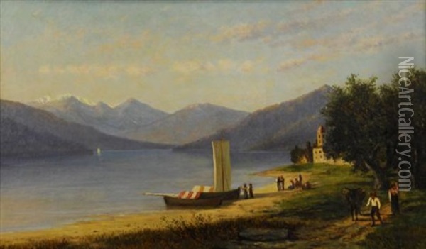 Mountain Lake With Figures And Boats On The Shore Oil Painting - Frank Henry Shapleigh
