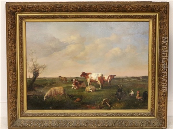 Weide Met Koeien, Schapen, Kippen En Geitenbok Oil Painting - Willem Vester