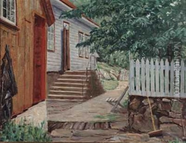 Husvegg Og Stakittgjerde Oil Painting - Johannes M. Mueller