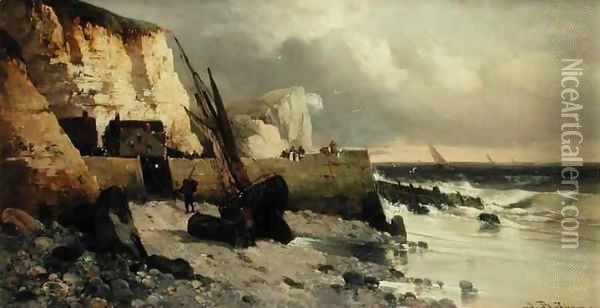 Fishing Off a Breakwater Oil Painting - Jules G Bahieu