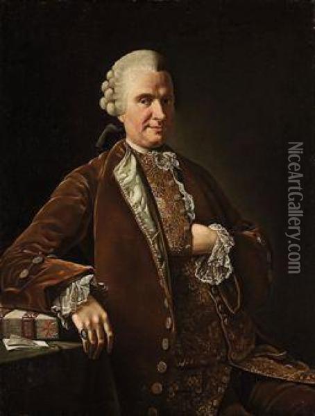 Portrait Of A Gentleman, Half-length, Seated, In A Rust Coat Andgold Embroidered Waistcoat, His Right Hand Resting On A Book Oil Painting - Giovanni Francesco Briglia