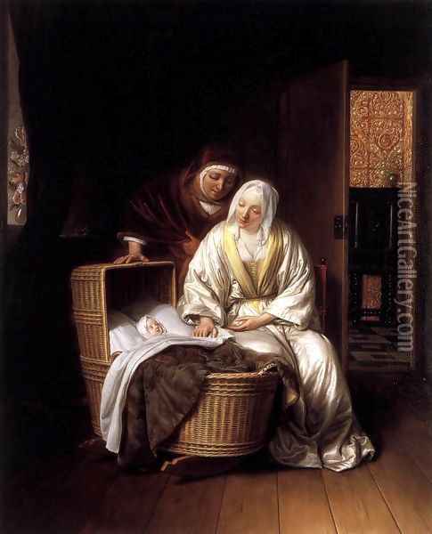 Two Women by a Cradle 1670 Oil Painting - Samuel Van Hoogstraten