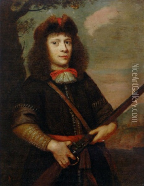 Portrait Of A Young Hunter In A Brown Coat With A Lace Collar And Fur Hat, Holding A Gun Oil Painting - Reinier De La Haye