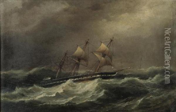 A Schooner In A Swell Oil Painting - Thomas Buttersworth