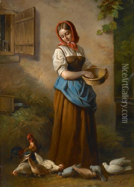 A Peasant Woman Feeding Chickens Oil Painting - Joseph Hayer