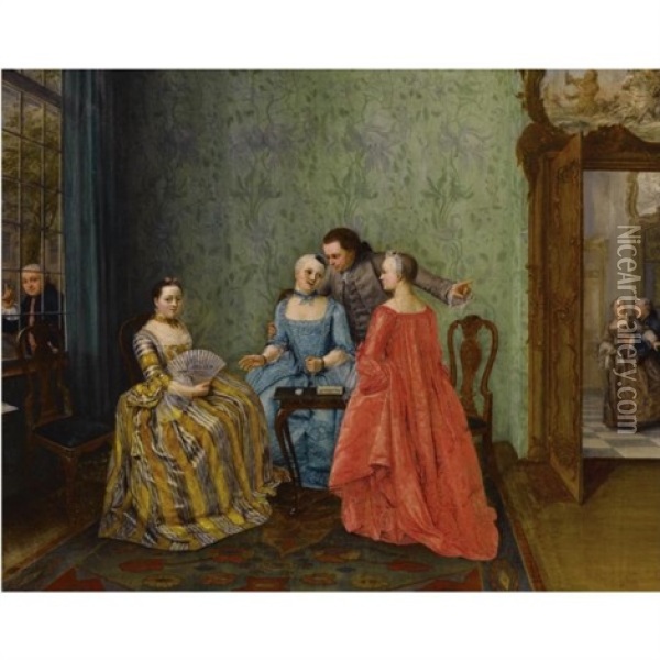 An Elegant Company In A Rich Interior, An Amorous Couple In The Background, A Man Looking Through The Window Oil Painting - Elisabeth Geertruida Wassenbergh