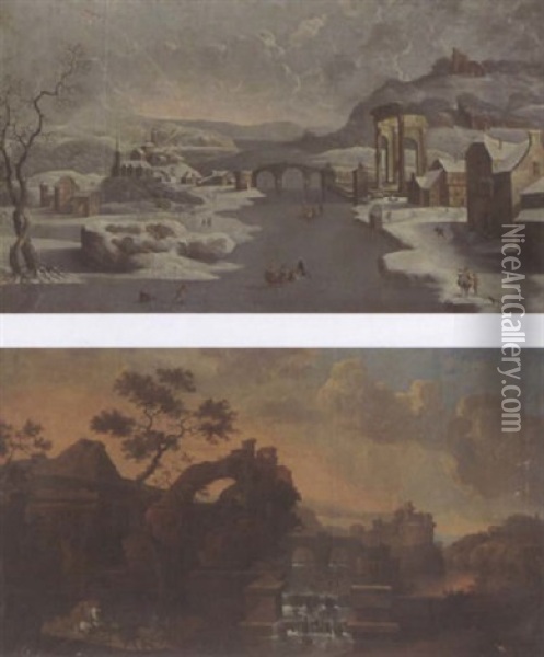A Winter Landscape With A Figure Skating On The Ice And Other Figures In The Snow Near A Village Oil Painting - Robert Griffier