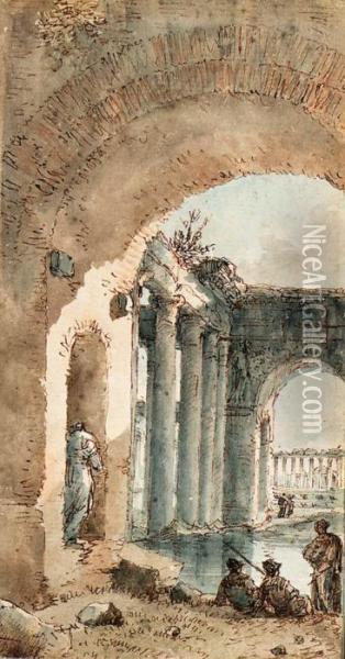 An Inundated Temple Seen Through An Arch, With A Group Of Soldiersin The Foreground Oil Painting - Victor-Jean Nicolle