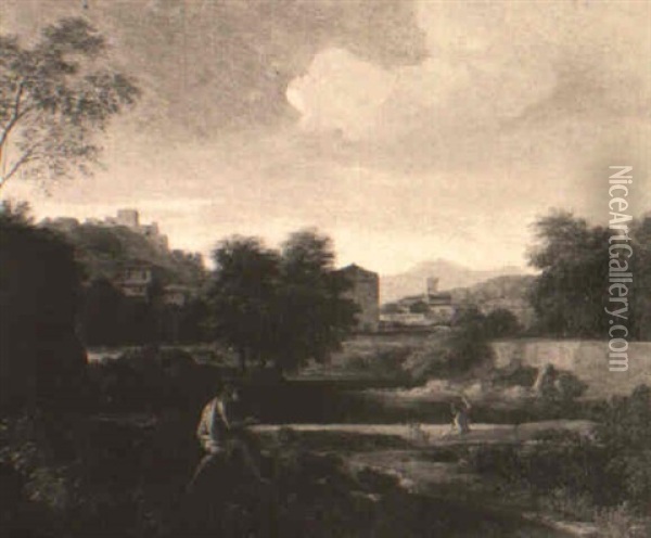 Figures In A Classical Landscape Oil Painting - Gaspard Dughet