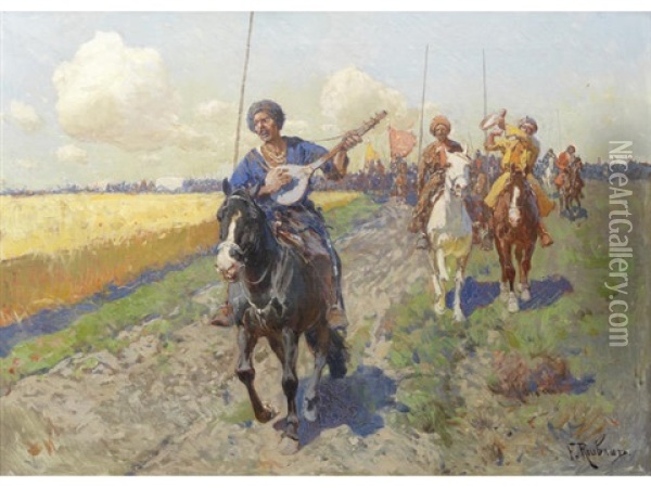Riding Cossacks Oil Painting - Franz Roubaud