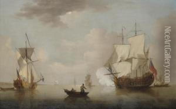 The Flagship Firing A Salute As She Leaves The Anchorage Oil Painting - Peter Monamy