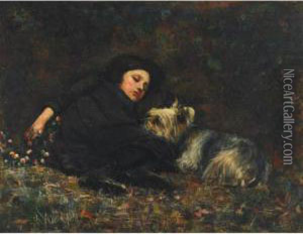 Young Girl With Terrier Oil Painting - Paul Peel