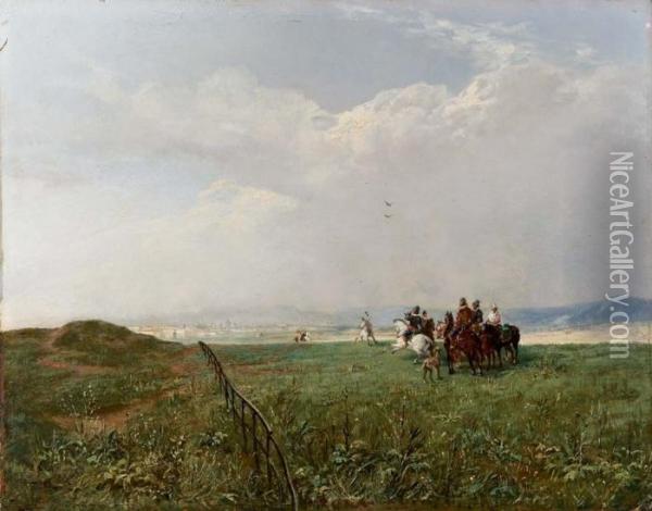 Caccia Al Falcone - 1862 Oil Painting - Alberto Pasini
