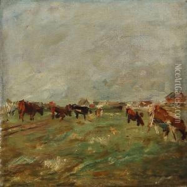 Landscape With Grazing Cows Oil Painting - Theodor Philipsen