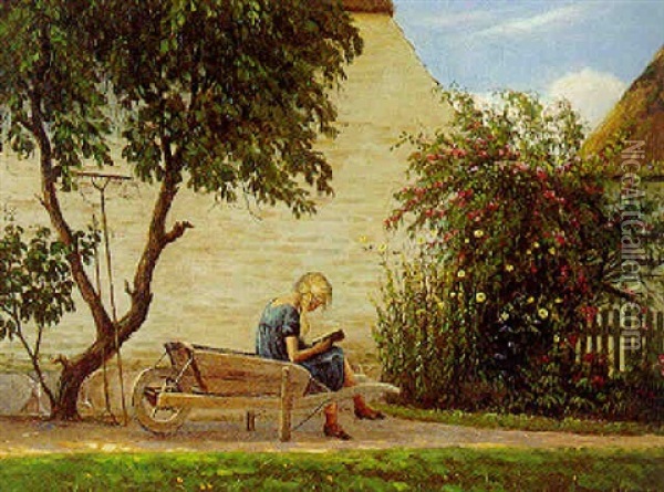 Lissi I Ladby, Eksterior Med Laesende Pige Siddende Pa Trillebor Oil Painting - Hans Hilsoe