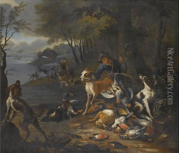 A Wooded Landscape With Huntsmen And Their Hounds On The Banks Of A Lake Oil Painting - Adriaen de Gryef
