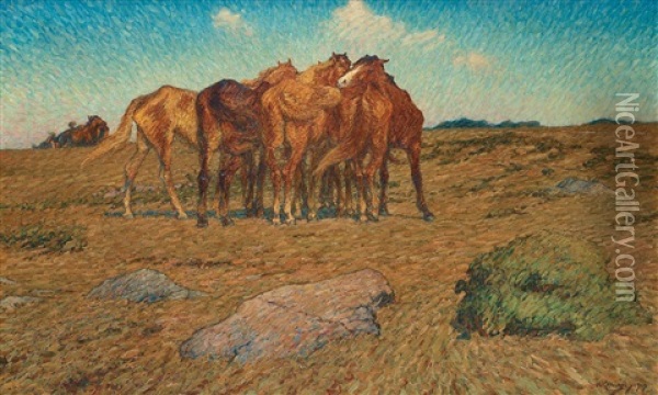 A Drove Of Horses Oil Painting - Nils Kreuger