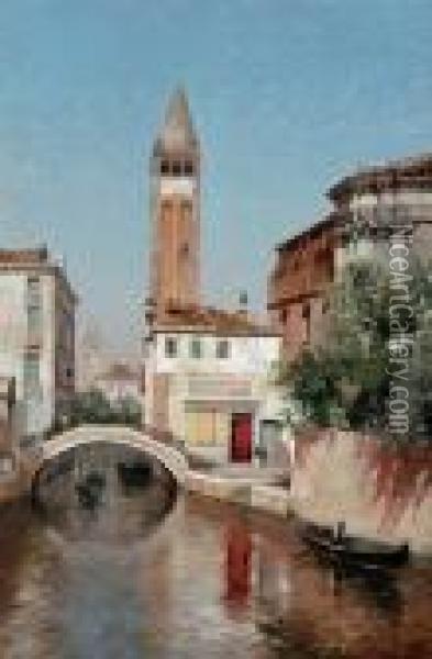 Gondolas Under A Bridge, Venice Oil Painting - Warren W. Sheppard