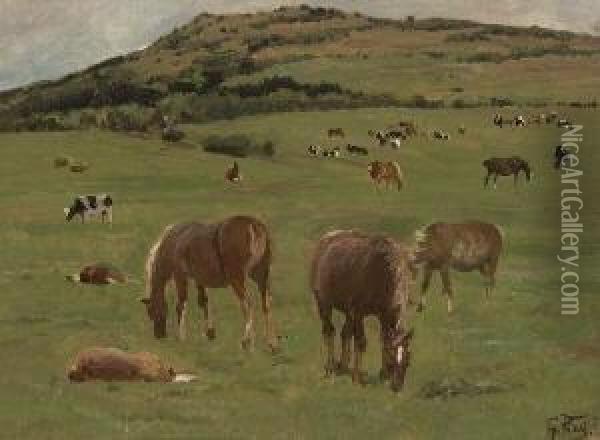 Pferde Auf Der Weide. Oil Painting - Georg Koch