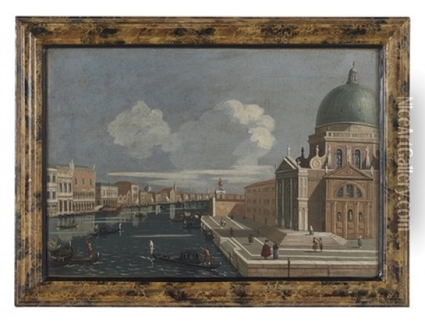 Venetian Canal Scene With A View Of Basilica Santa Maria Della Salute Oil Painting - Giuseppe Ponga