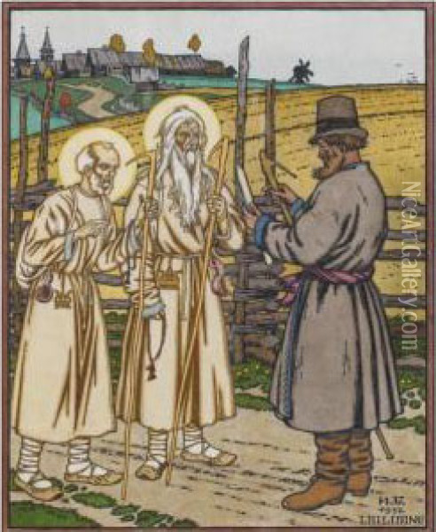 Illustration From The Fairy Tale The Prophet Elijah And Saintnicholas Oil Painting - Ivan Iakovlevich Bilibine