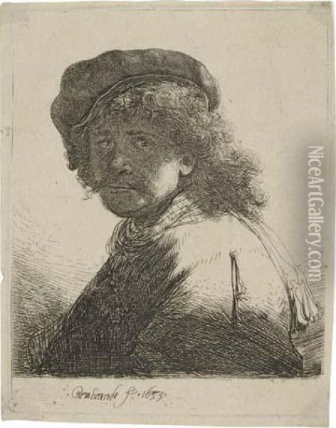 Self Portrait In A Cap And Scarf With The Face Dark:bust Oil Painting - Rembrandt Van Rijn