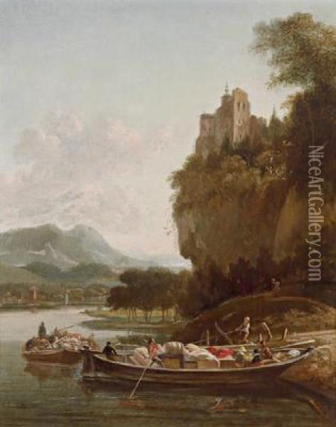 Paesaggio Fluviale Montuoso Con Barche Cariche E Vari Personaggi Oil Painting - Jan Gabrielsz. Sonje