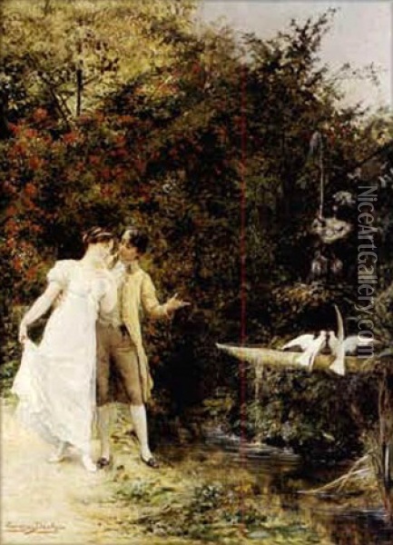 A La Fontaine Oil Painting - Eugene Auguste Francois Deully