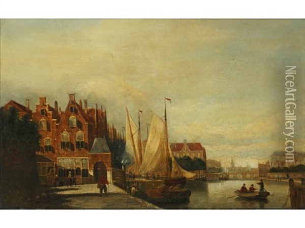 Dutch Townscape With River, And Companion (+ 1 Others; 2 Works) Oil Painting - John Frederik Hulk the Younger